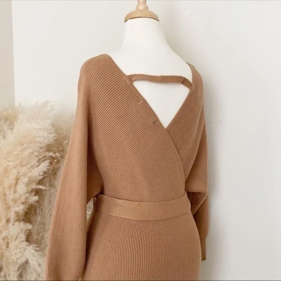 Cozy tan knit sweater midi dress with belt - Picture 10 of 13